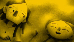 Czarno-żółty kadr z animacji. Dwie siostry leżą obok siebie. Dziewczynka po prawej śmieje się i przymyka oczy. Dziewczynka po lewej przygląda się jej z uśmiechem.