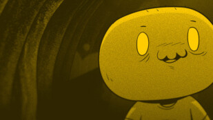 Czarno-żółty kadr z animacji. Ludzik o niepokojącym uśmiechu patrzy w obiektyw.