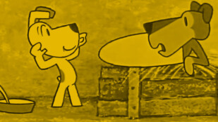 Czarno-żółty kadr z animacji. Reksio patrzy z uśmiechem na leżącego, kontuzjowanego pieska. Piesek ma zaniepokojoną minę, otwiera szeroko pyszczek.