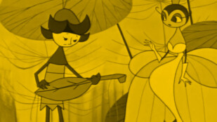 Czarno żółty kadr z animacji Przygody Błękitnego Rycerzyka.