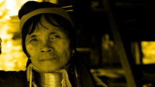 Zbliżenie starszej kobiety z birmańskiego plemienia Kajan. Kobieta ma szyi ma metalowe obręcze, na głowie opaskę. Patrzy w dal