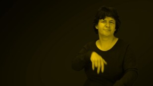 Zdjęcie w żółtym odcieniu z filmu "Paw i orzeł". Ubrana w ciemną koszulkę Bożena Reger tłumaczy film na język PJM